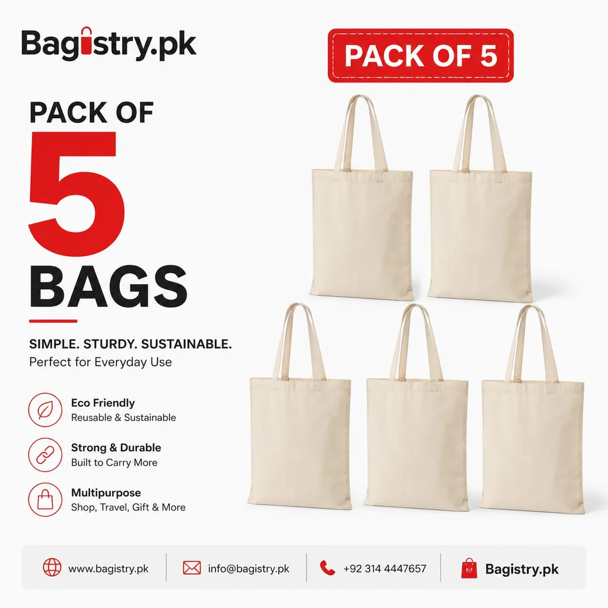 Pack of 5 Cotton Tote Bags | Reusable Shopping Bags | Eco Friendly Canvas Bags | Strong & Durable Multipurpose Bags | Bagistry.pk
