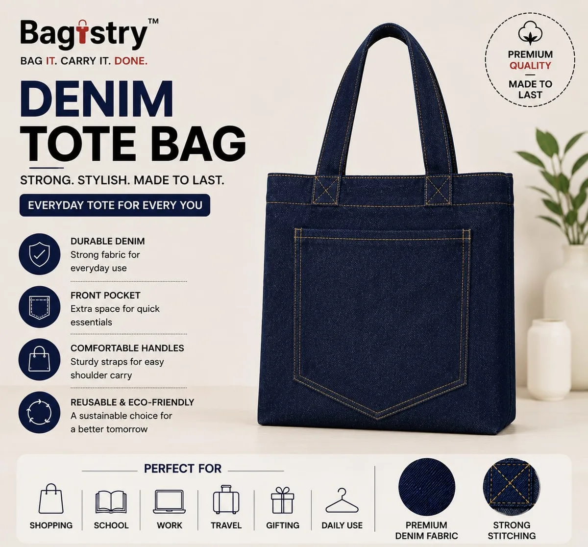 Denim Tote Bag for Women | Reusable Shoulder & Shopping Bag | Large Casual Handbag with Front Pocket | Stylish Denim Carry Bag – Bagistry.pk