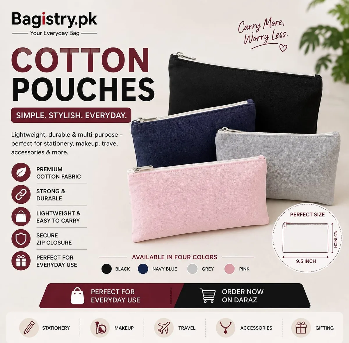 Cotton Pouch with Zipper | Multipurpose Cosmetic Makeup Pouch | Pencil & Stationery Case | Travel Organizer Bag | Small Zipper Pouch – Bagistry.pk
