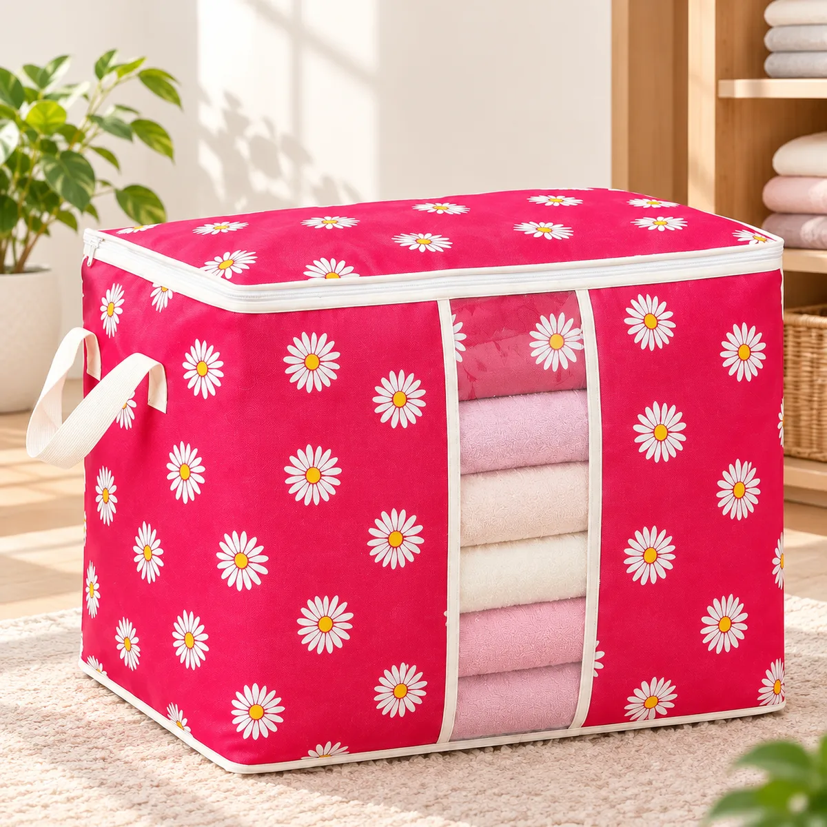 Large Storage Bag for Clothes & Blankets | Foldable Clothes Organizer Bag | Zipper Storage Box with Clear Window | Daisy Printed Storage Bag | Bagistry.pk