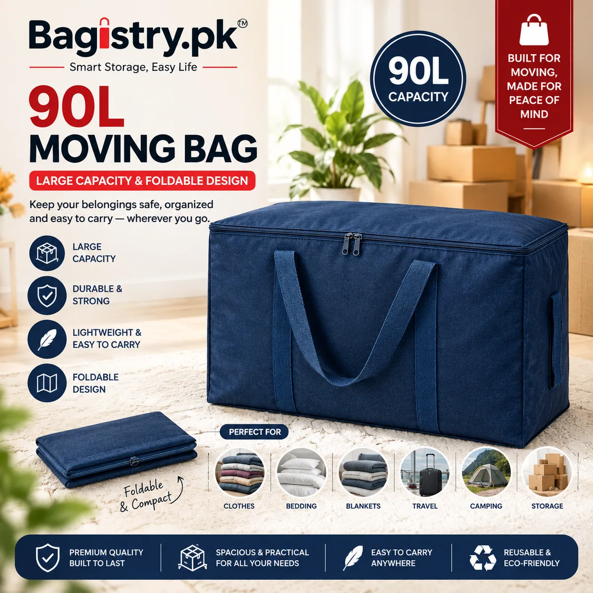 90L Moving Storage Bag | Extra Large Foldable Travel & Moving Bag | Heavy Duty Clothes & Blanket Storage Bag | Reusable Organizer Bag – Bagistry.pk