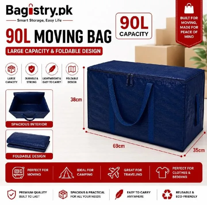 90L Moving Storage Bag | Extra Large Foldable Travel & Moving Bag | Heavy Duty Clothes & Blanket Storage Bag | Reusable Organizer Bag – Bagistry.pk