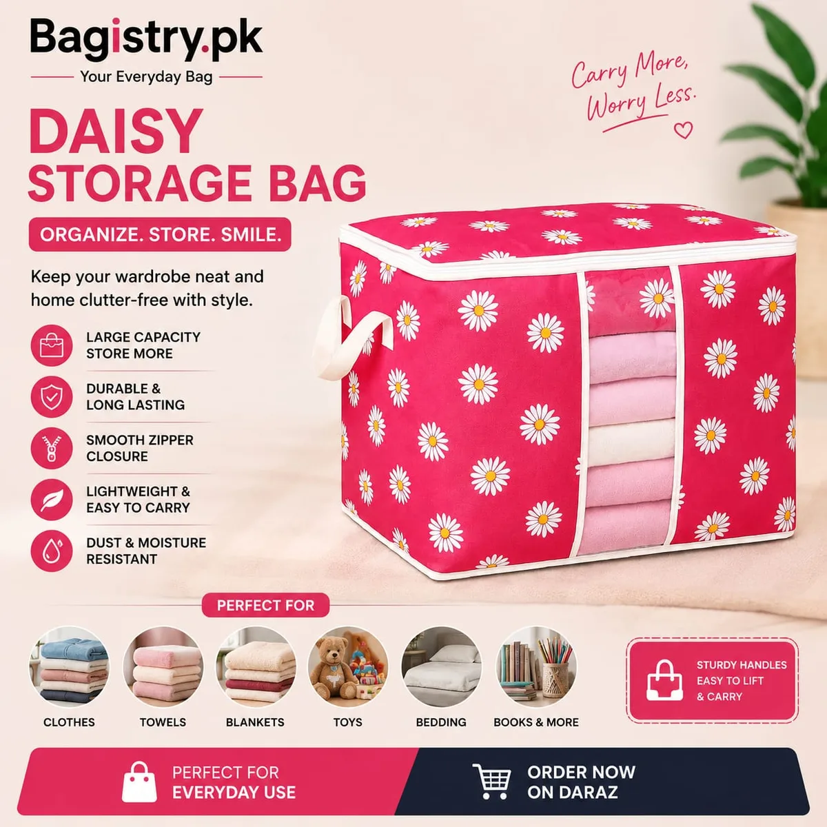 Large Storage Bag for Clothes & Blankets | Foldable Clothes Organizer Bag | Zipper Storage Box with Clear Window | Daisy Printed Storage Bag | Bagistry.pk
