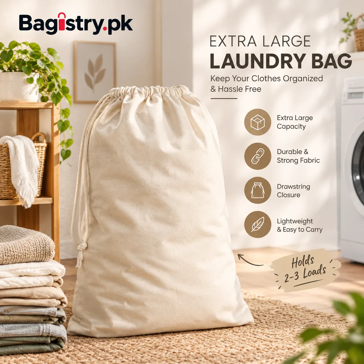 Extra Large Laundry Bag | Heavy Duty Clothes Storage Bag | Drawstring Laundry Hamper Bag | Large Clothes Organizer for Home, Dorm & Travel | Bagistry.pk